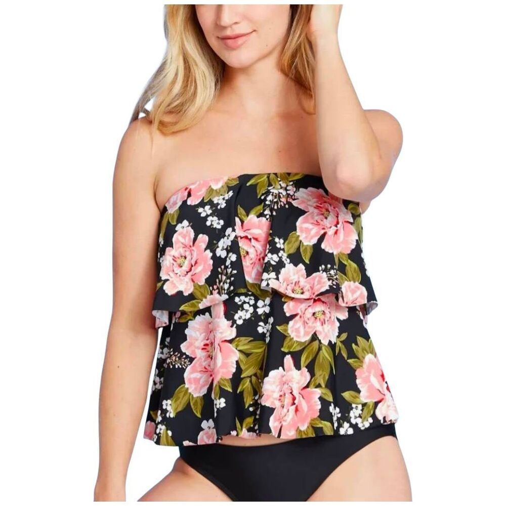 Kona SOL black & peach pink floral ruffle bandeau halter tankini swim top M